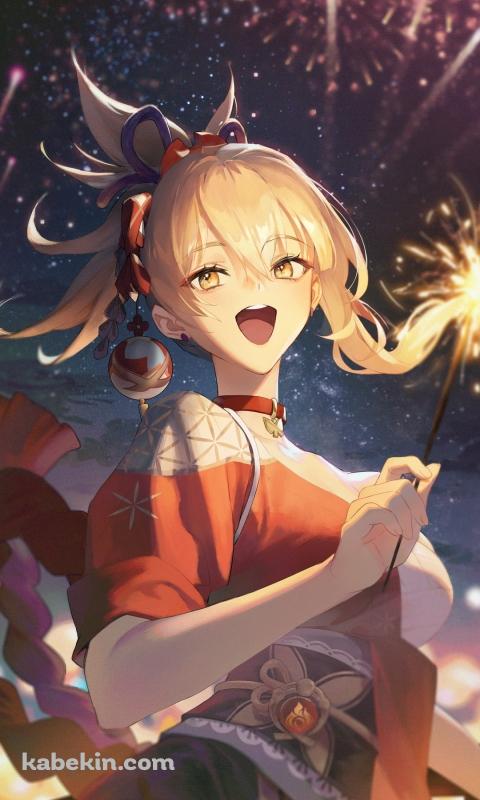 笑いながら線香花火をする宵宮 / 打ち上げ花火 / 原神のAndroidの壁紙(480px x 800px) スマホ用