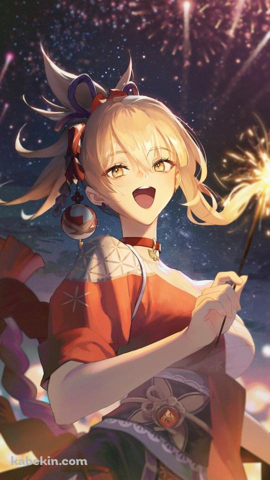 笑いながら線香花火をする宵宮 / 打ち上げ花火 / 原神のAndroidの壁紙(540px x 960px) スマホ用