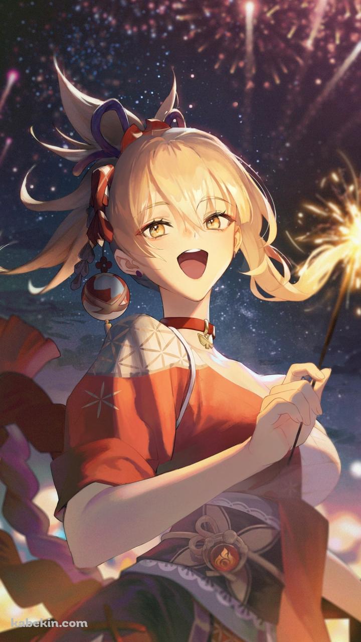 笑いながら線香花火をする宵宮 / 打ち上げ花火 / 原神のAndroidの壁紙(720px x 1280px) スマホ用