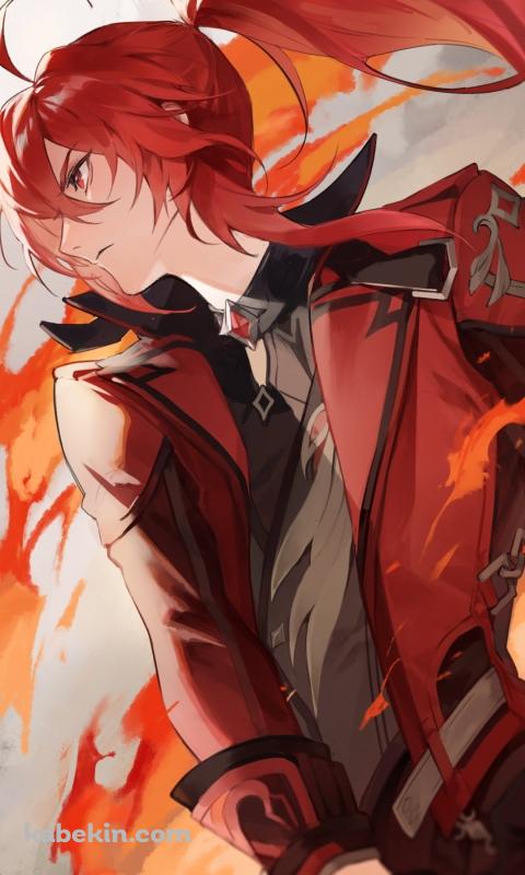 炎が沸き立つ中で前方を見るかっこいいディルック・ラグヴィンド / レッドデッド・オブ・ナイト / 原神のAndroidの壁紙(480px x 800px) スマホ用