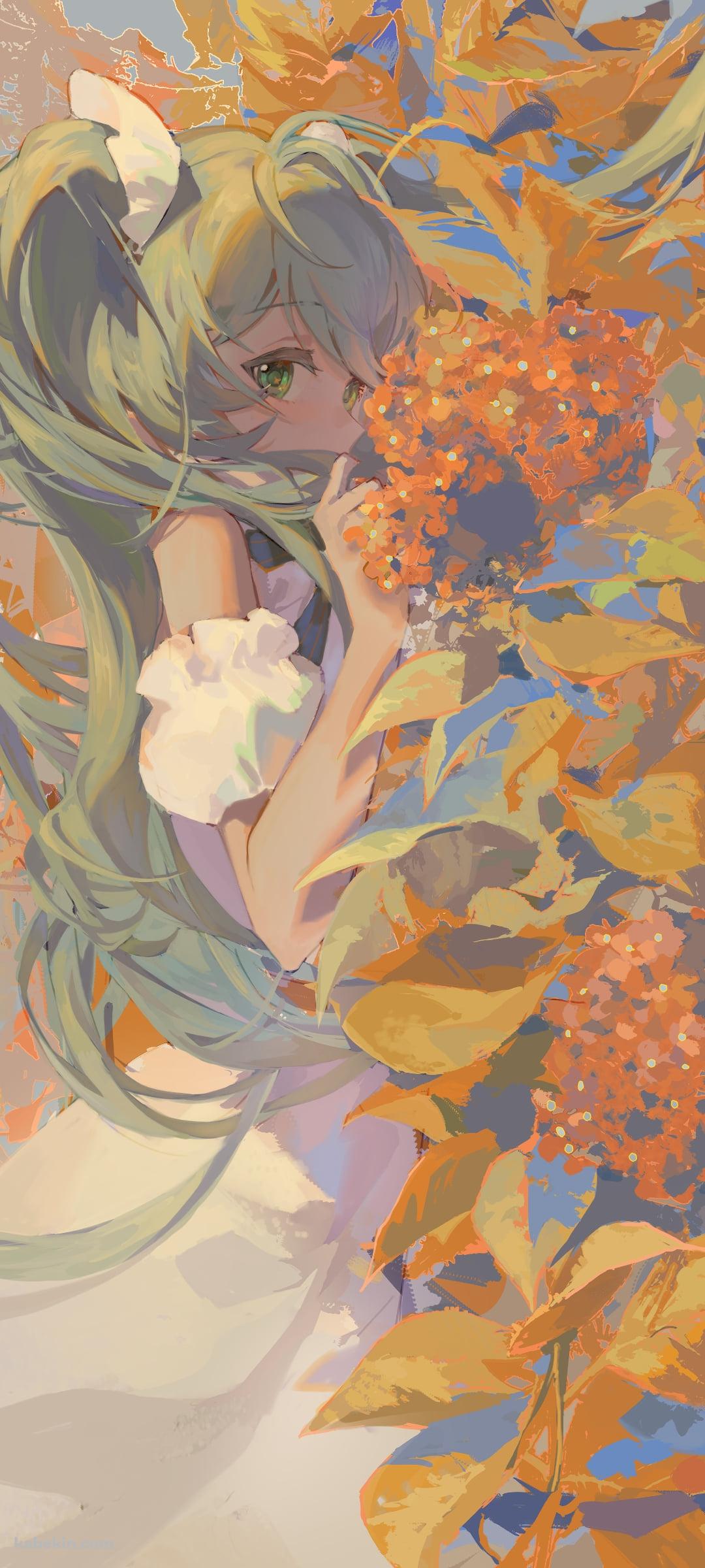 オレンジの花と初音ミク / ボカロ / ボーカロイドのAndroidの壁紙(1080px x 2400px) スマホ用