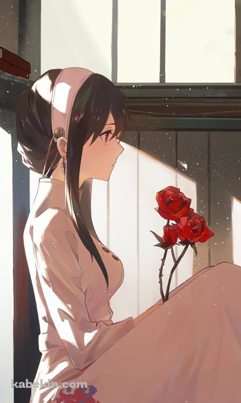 赤い薔薇を持ち壁際で座るヨル・フォージャー / スパイファミリーのAndroidの壁紙(480px x 800px) スマホ用