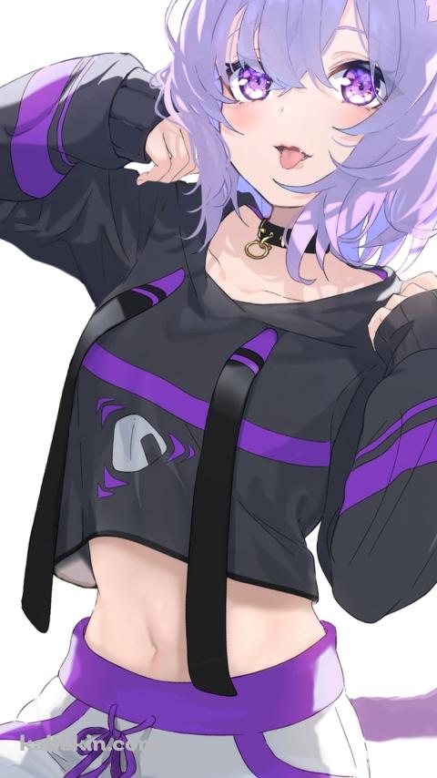 おにぎりのイラストが描いてある洋服を着た猫又おかゆ / ホロライブ / バーチャルYouTuber / VtuberのAndroidの壁紙(480px x 854px) スマホ用