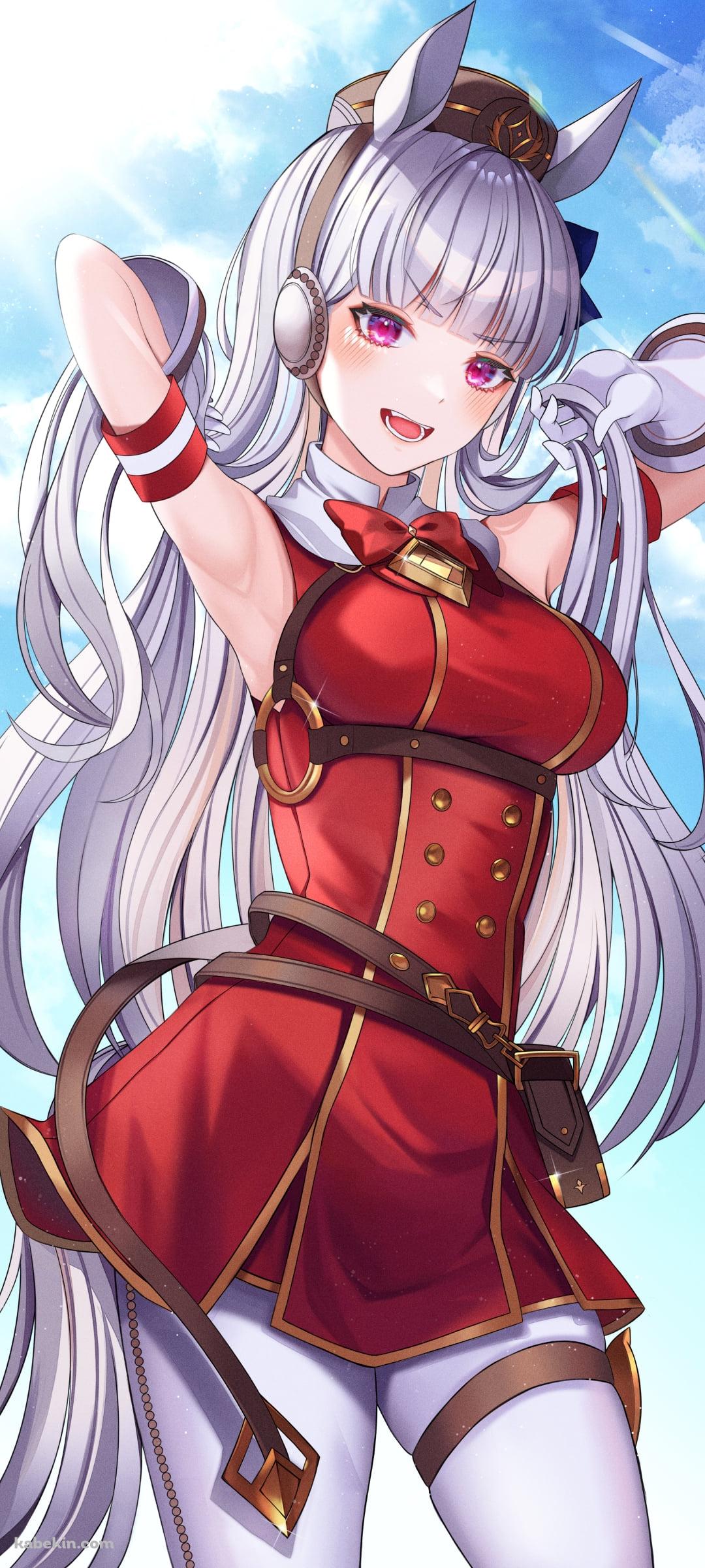 赤い衣装を着た笑顔のゴールドシップ / 青空 / ウマ娘プリティーダービーのAndroidの壁紙(1080px x 2400px) スマホ用