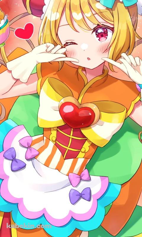 ほっぺたを指す華満らん（はなみち らん） / キュアヤムヤム / メンメン / デパプリ / デリシャスパーティ♡プリキュアのAndroidの壁紙(480px x 800px) スマホ用