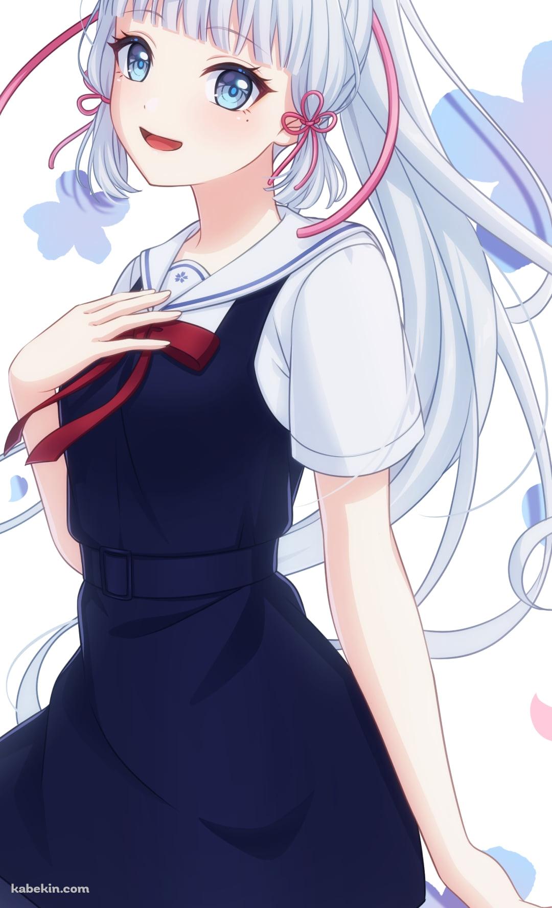 笑顔で胸元に手をあてる神里綾華 / ピンクと水色の花びら / 原神のAndroidの壁紙(1080px x 1776px) スマホ用