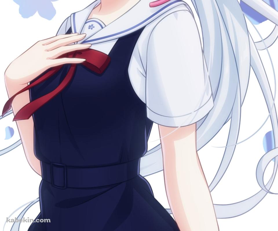 笑顔で胸元に手をあてる神里綾華 / ピンクと水色の花びら / 原神のAndroidの壁紙(960px x 800px) スマホ用