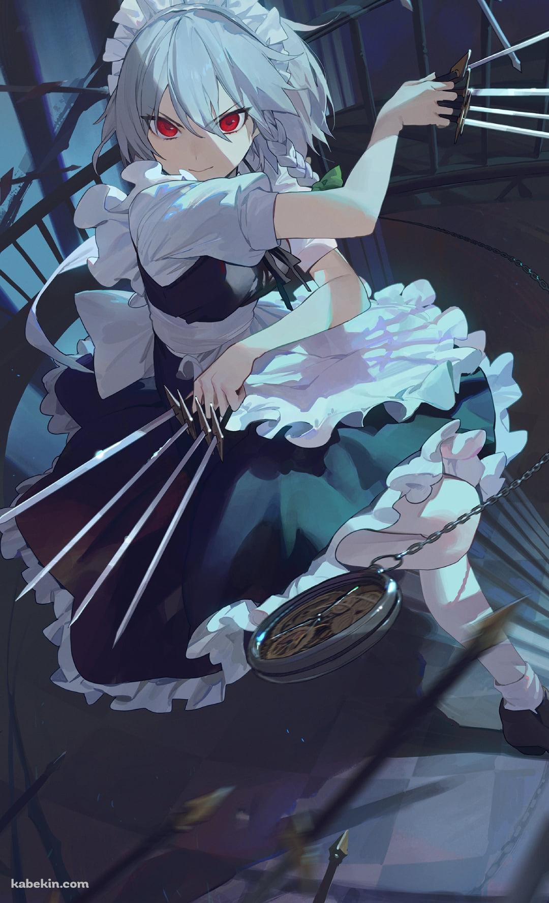 鋭く細い剣と時計で攻撃する十六夜咲夜（いざよい さくや） / 東方のAndroidの壁紙(1080px x 1776px) スマホ用