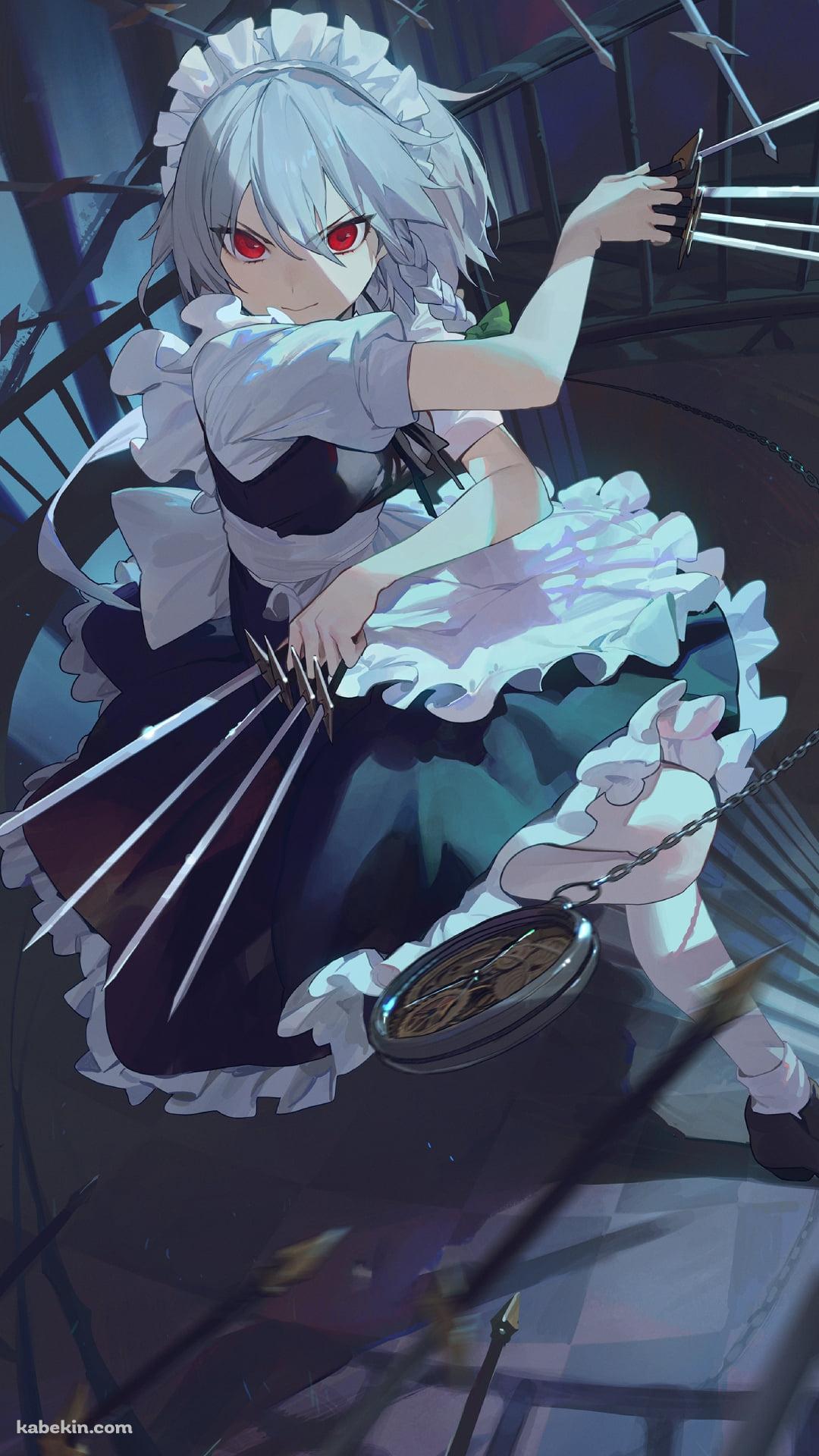 鋭く細い剣と時計で攻撃する十六夜咲夜（いざよい さくや） / 東方のAndroidの壁紙(1080px x 1920px) スマホ用