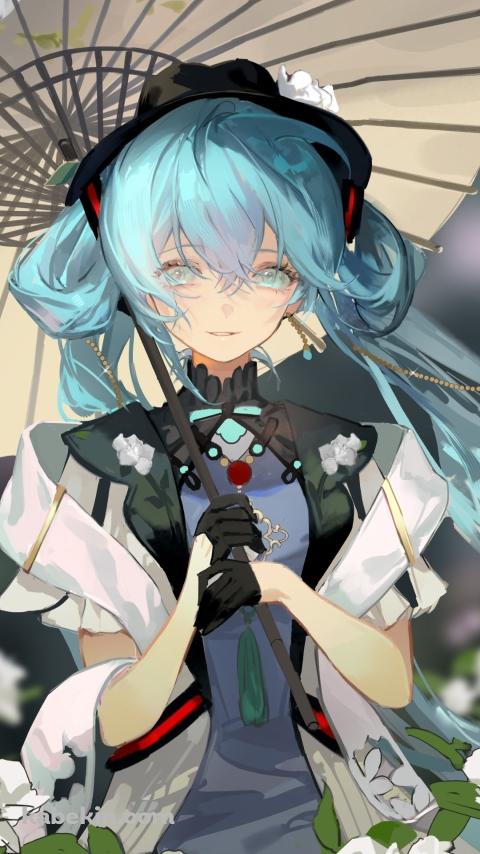 白い花と和傘をさした初音ミク / ボカロ / ボーカロイドのAndroidの壁紙(480px x 854px) スマホ用