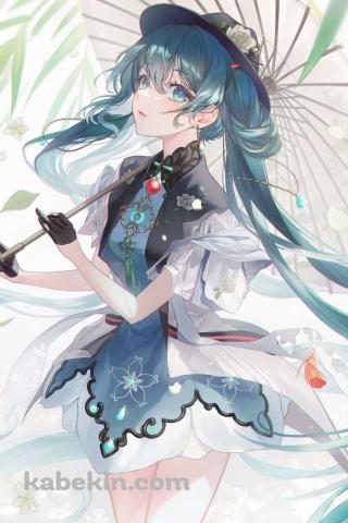 和傘をさした綺麗な初音ミク / 笹の葉 / ボカロ / ボーカロイドのAndroidの壁紙(320px x 480px) スマホ用