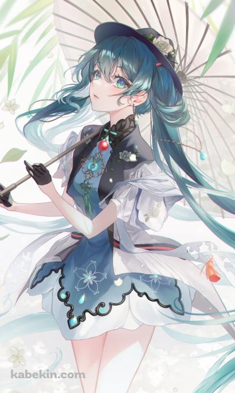 和傘をさした綺麗な初音ミク / 笹の葉 / ボカロ / ボーカロイドのAndroidの壁紙(480px x 800px) スマホ用