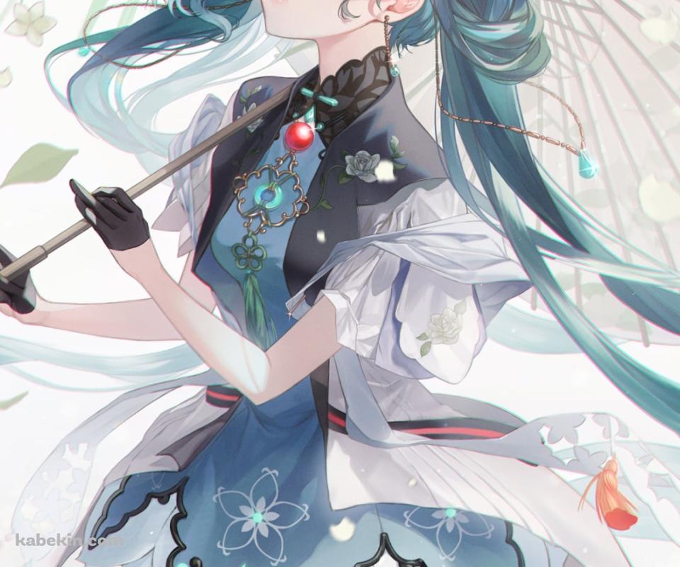 和傘をさした綺麗な初音ミク / 笹の葉 / ボカロ / ボーカロイドのAndroidの壁紙(960px x 800px) スマホ用