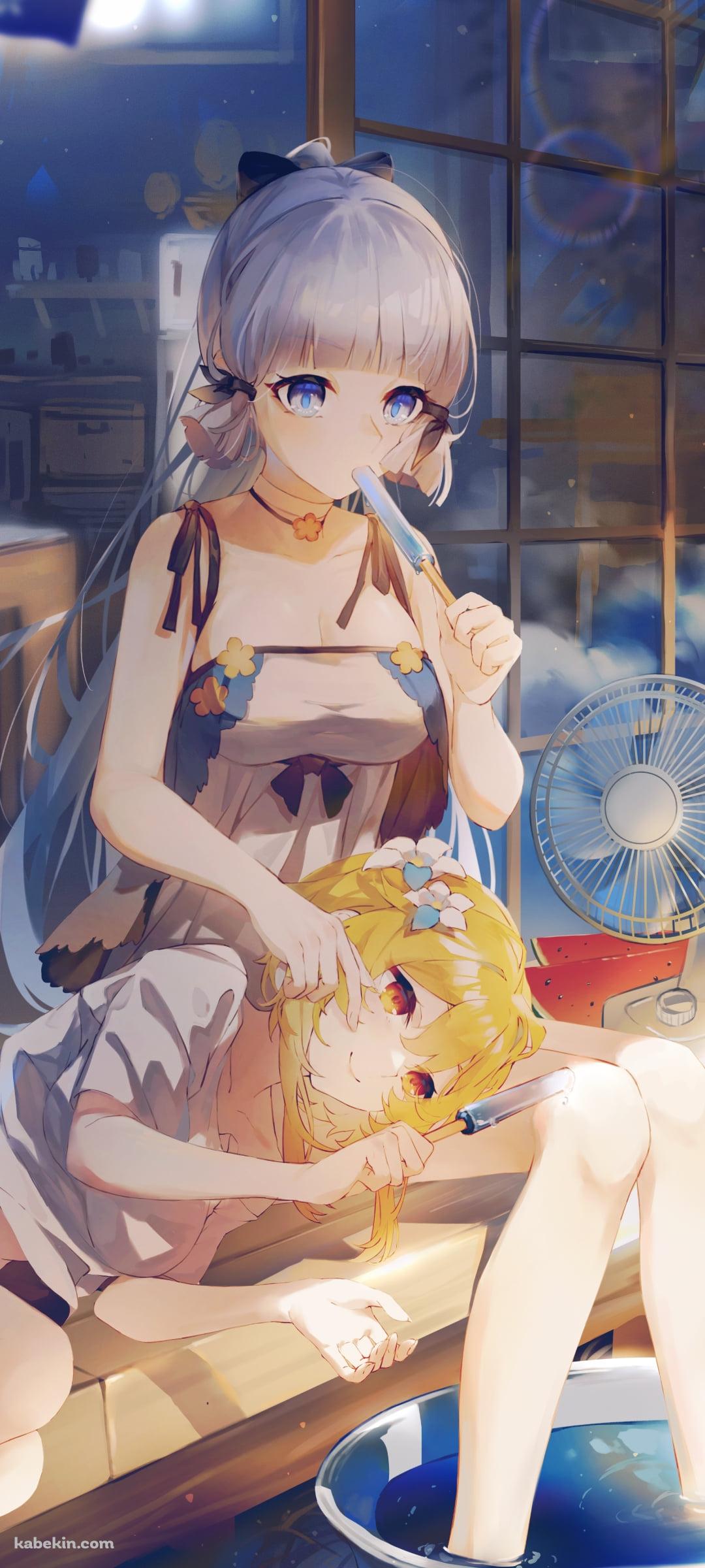 膝枕をする蛍 / 青いアイスを食べる神里綾華 / 原神のAndroidの壁紙(1080px x 2400px) スマホ用