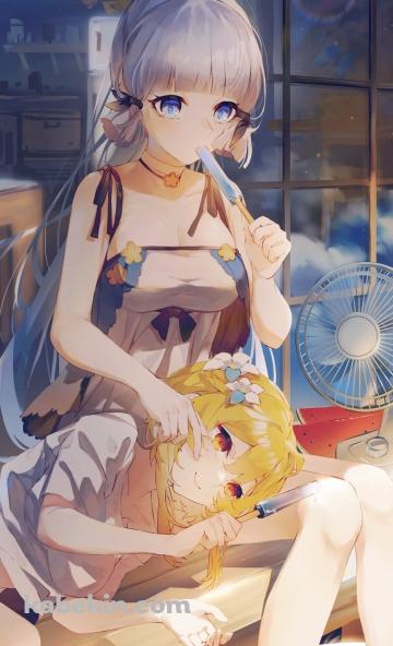 膝枕をする蛍 / 青いアイスを食べる神里綾華 / 原神のAndroidの壁紙(360px x 592px) スマホ用
