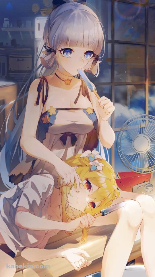膝枕をする蛍 / 青いアイスを食べる神里綾華 / 原神のAndroidの壁紙(540px x 960px) スマホ用