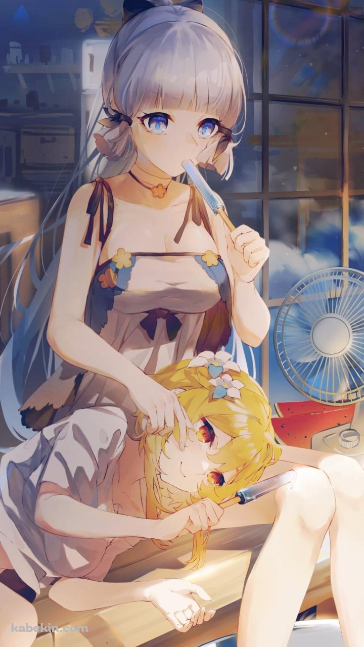 膝枕をする蛍 / 青いアイスを食べる神里綾華 / 原神のAndroidの壁紙(720px x 1280px) スマホ用