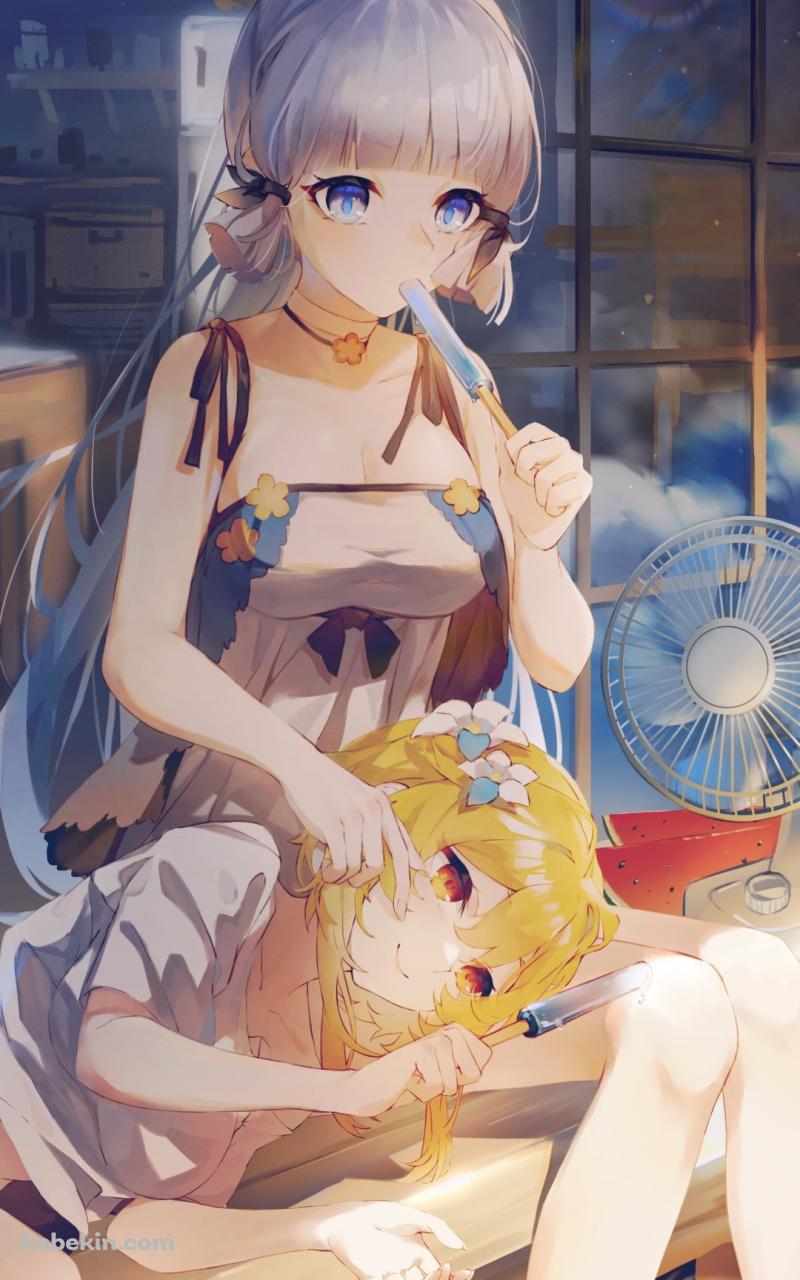 膝枕をする蛍 / 青いアイスを食べる神里綾華 / 原神のAndroidの壁紙(800px x 1280px) スマホ用