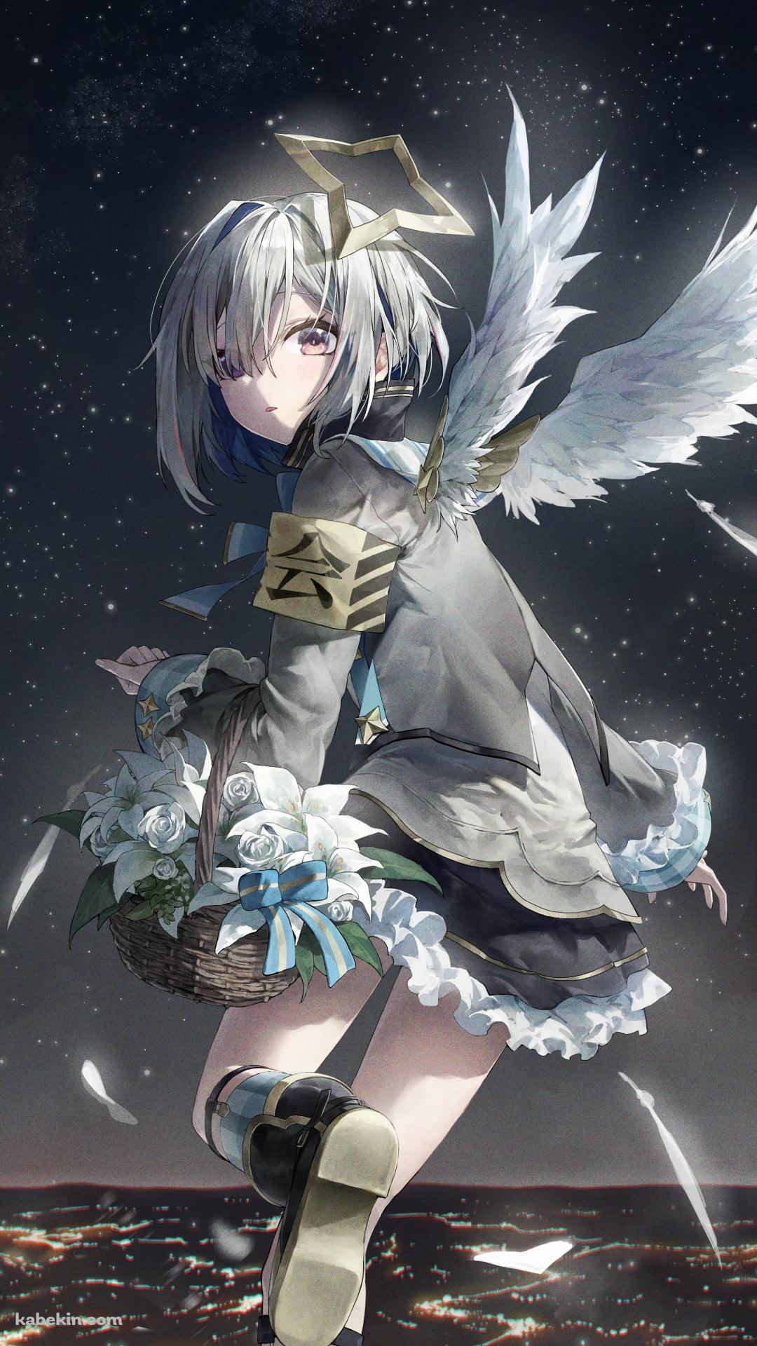 花が入った籠を持ち夜の空に浮遊する天音かなた / ホロライブ / バーチャルYouTuber / VtuberのAndroidの壁紙(1080px x 1920px) スマホ用