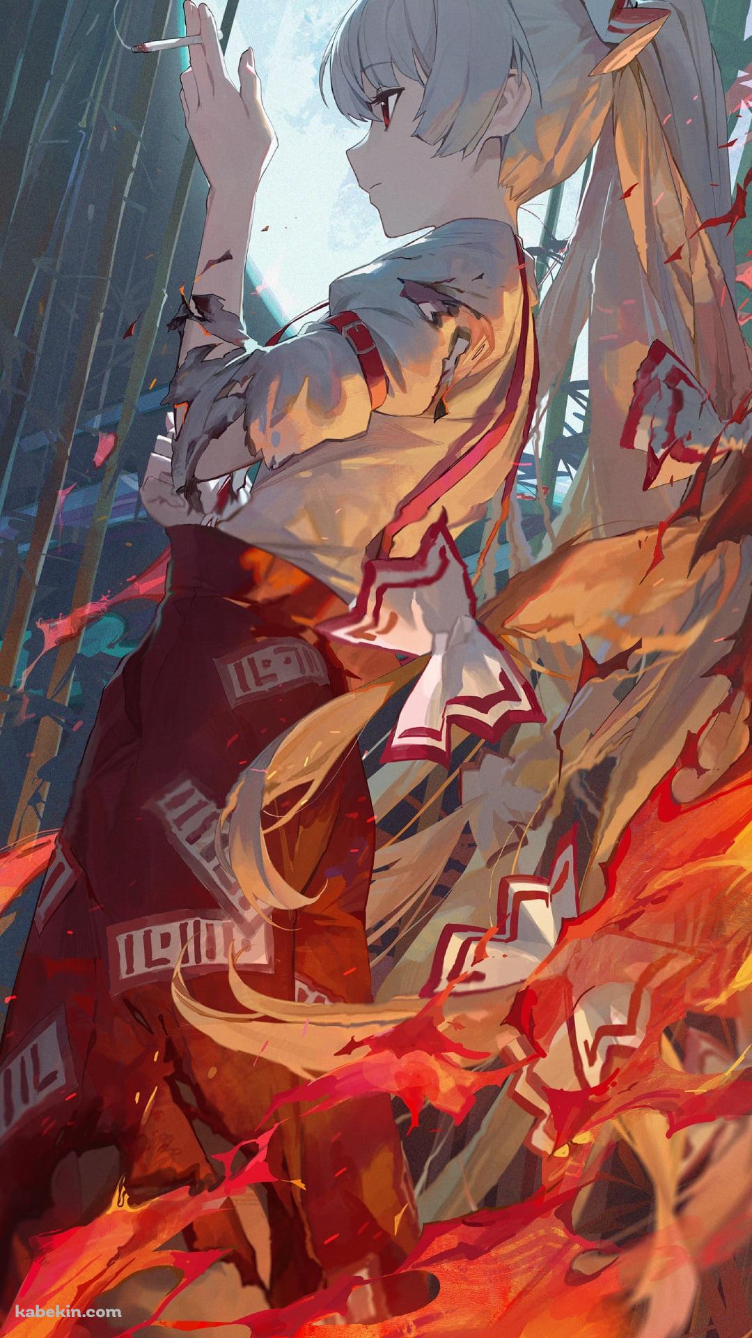 燃える炎の中、タバコを吸うかっこいい藤原妹紅 / 東方のAndroidの壁紙(1080px x 1920px) スマホ用