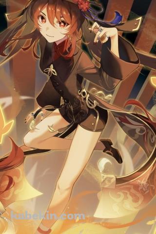 オレンジの蝶と炎に囲まれた可愛い胡桃 / 原神のAndroidの壁紙(320px x 480px) スマホ用