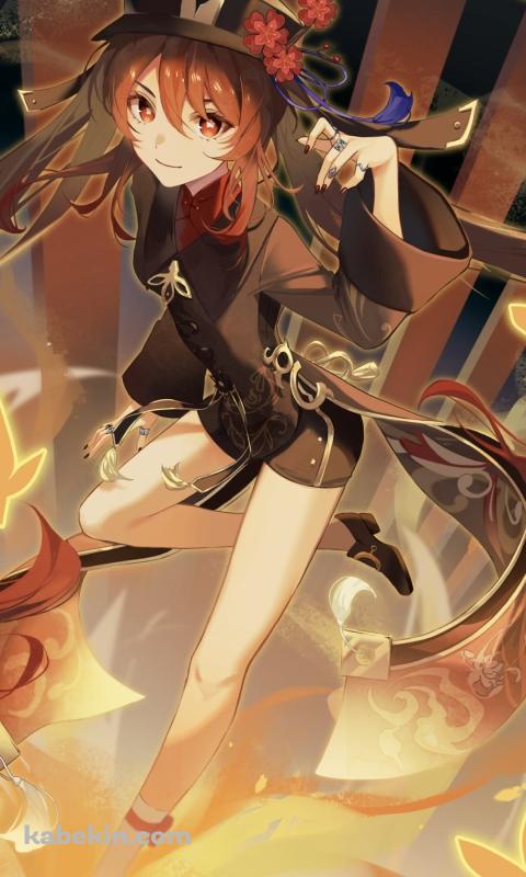 オレンジの蝶と炎に囲まれた可愛い胡桃 / 原神のAndroidの壁紙(480px x 800px) スマホ用