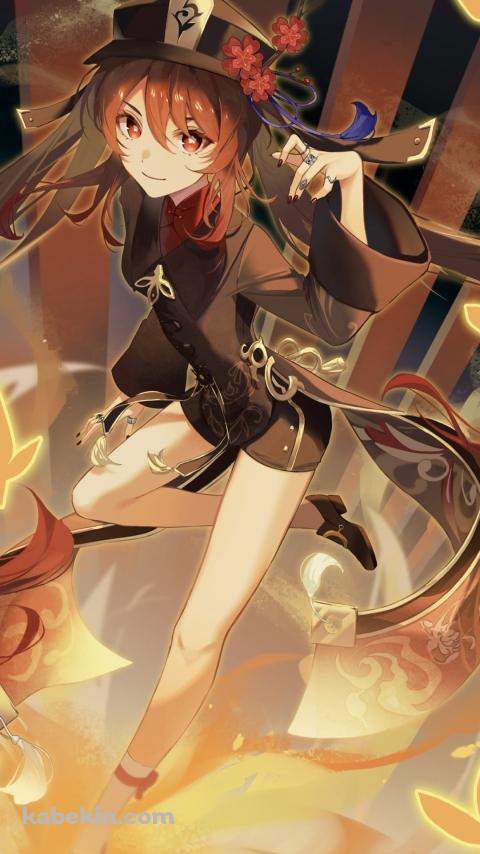 オレンジの蝶と炎に囲まれた可愛い胡桃 / 原神のAndroidの壁紙(480px x 854px) スマホ用