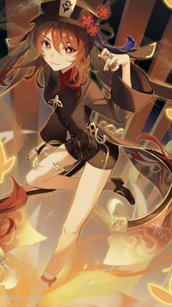 オレンジの蝶と炎に囲まれた可愛い胡桃 / 原神のAndroidの壁紙(720px x 1280px) スマホ用