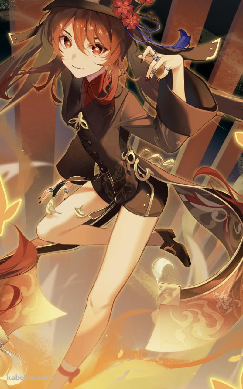 オレンジの蝶と炎に囲まれた可愛い胡桃 / 原神のAndroidの壁紙(800px x 1280px) スマホ用