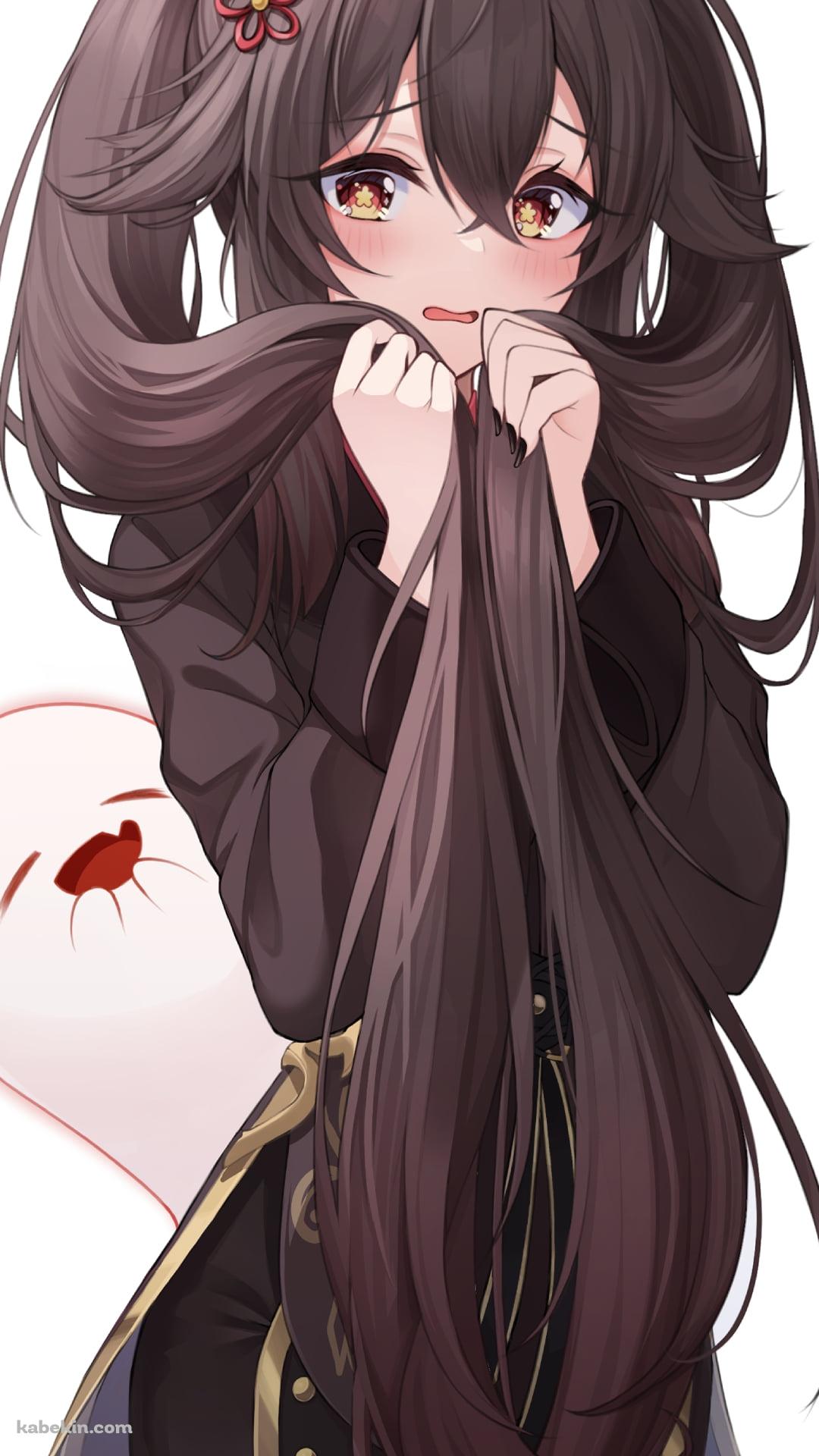 ツインテールの長い髪で顔を隠し照れている可愛い胡桃とそれを見て笑うお化け / 原神のAndroidの壁紙(1080px x 1920px) スマホ用