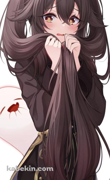 ツインテールの長い髪で顔を隠し照れている可愛い胡桃とそれを見て笑うお化け / 原神のAndroidの壁紙(360px x 592px) スマホ用