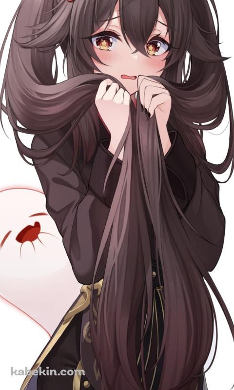 ツインテールの長い髪で顔を隠し照れている可愛い胡桃とそれを見て笑うお化け / 原神のAndroidの壁紙(480px x 800px) スマホ用