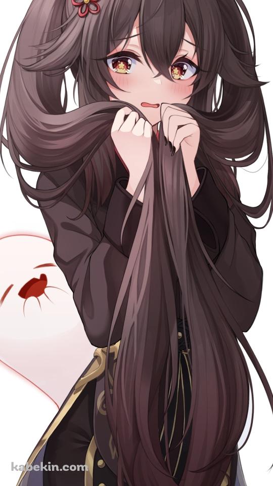 ツインテールの長い髪で顔を隠し照れている可愛い胡桃とそれを見て笑うお化け / 原神のAndroidの壁紙(540px x 960px) スマホ用