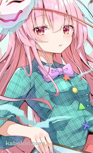 扇子を持ち狐のお面をつけた可愛い秦こころ（はたの こころ） / 東方のAndroidの壁紙(360px x 592px) スマホ用