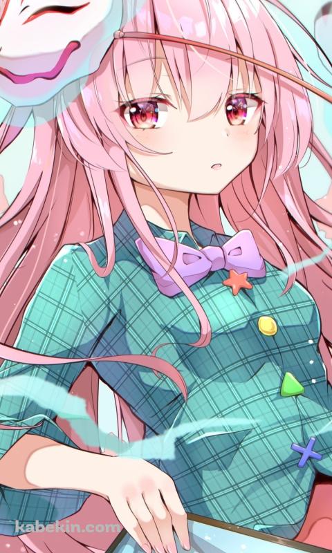 扇子を持ち狐のお面をつけた可愛い秦こころ（はたの こころ） / 東方のAndroidの壁紙(480px x 800px) スマホ用