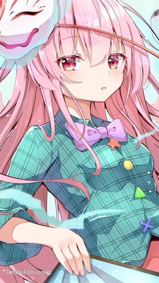 扇子を持ち狐のお面をつけた可愛い秦こころ（はたの こころ） / 東方のAndroidの壁紙(540px x 960px) スマホ用
