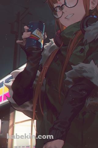 コンビニ前でジュースを飲む佐倉双葉 / ペルソナ5 / イラスト / ファンアートのAndroidの壁紙(320px x 480px) スマホ用