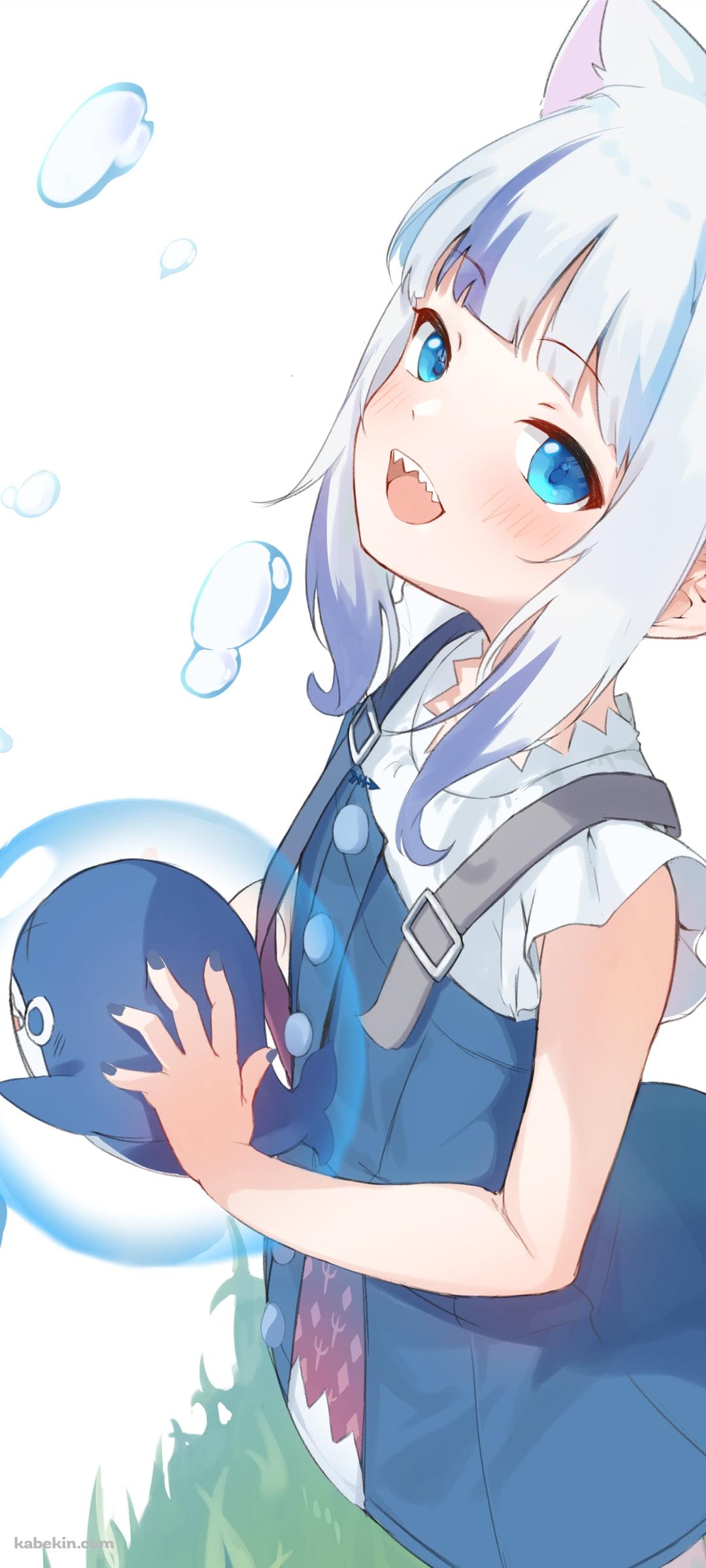 ブループを持ち笑顔の可愛いがうる・ぐら / 舞い散る水滴 / ホロライブ / バーチャルYouTuber / Vtuber / イラスト / ファンアートのAndroidの壁紙(1080px x 2400px) スマホ用