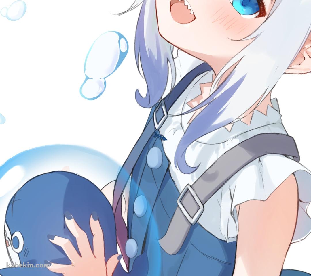 ブループを持ち笑顔の可愛いがうる・ぐら / 舞い散る水滴 / ホロライブ / バーチャルYouTuber / Vtuber / イラスト / ファンアートのAndroidの壁紙(1080px x 960px) スマホ用
