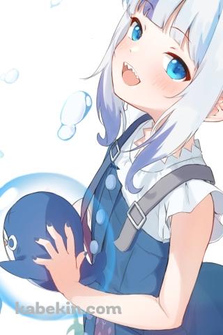 ブループを持ち笑顔の可愛いがうる・ぐら / 舞い散る水滴 / ホロライブ / バーチャルYouTuber / Vtuber / イラスト / ファンアートのAndroidの壁紙(320px x 480px) スマホ用