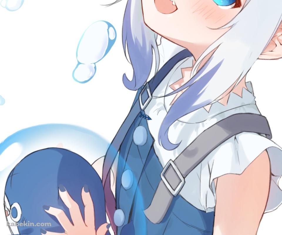 ブループを持ち笑顔の可愛いがうる・ぐら / 舞い散る水滴 / ホロライブ / バーチャルYouTuber / Vtuber / イラスト / ファンアートのAndroidの壁紙(960px x 800px) スマホ用