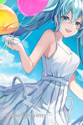 ピンク・紫・緑・黄色の鮮やかな風船を持つ白いドレスを着た笑顔の初音ミク / ボカロ / ボーカロイドのAndroidの壁紙(320px x 480px) スマホ用