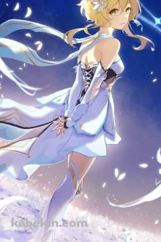白い花畑と後ろ手を組む蛍 / 原神のAndroidの壁紙(320px x 480px) スマホ用