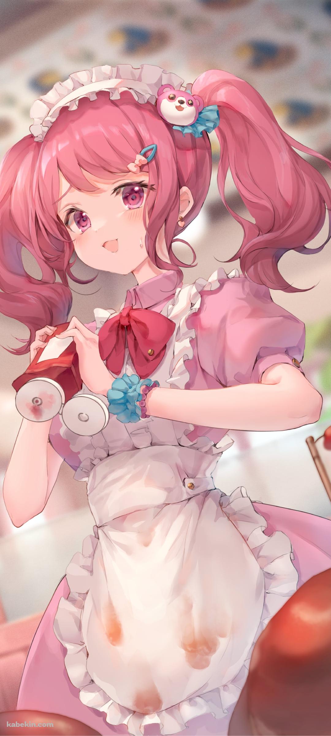 ケチャップをぶちまけて焦る丸山彩 / メロンソーダ / ピンクのメイド服 / 日の丸の旗 / バンドリ！ / イラスト / ファンアートのAndroidの壁紙(1080px x 2400px) スマホ用