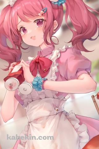 ケチャップをぶちまけて焦る丸山彩 / メロンソーダ / ピンクのメイド服 / 日の丸の旗 / バンドリ！ / イラスト / ファンアートのAndroidの壁紙(320px x 480px) スマホ用