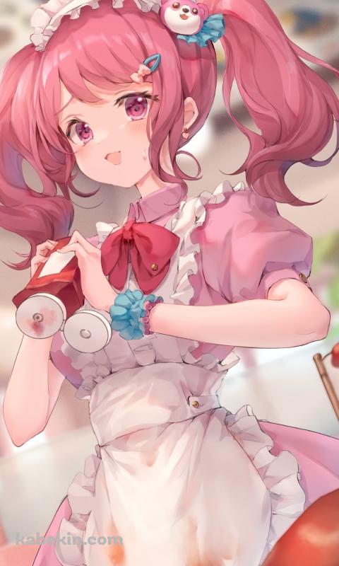 ケチャップをぶちまけて焦る丸山彩 / メロンソーダ / ピンクのメイド服 / 日の丸の旗 / バンドリ！ / イラスト / ファンアートのAndroidの壁紙(480px x 800px) スマホ用