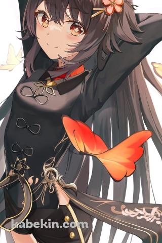 オレンジの蝶を眺める胡桃 / 原神のAndroidの壁紙(320px x 480px) スマホ用