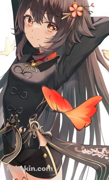 オレンジの蝶を眺める胡桃 / 原神のAndroidの壁紙(360px x 592px) スマホ用