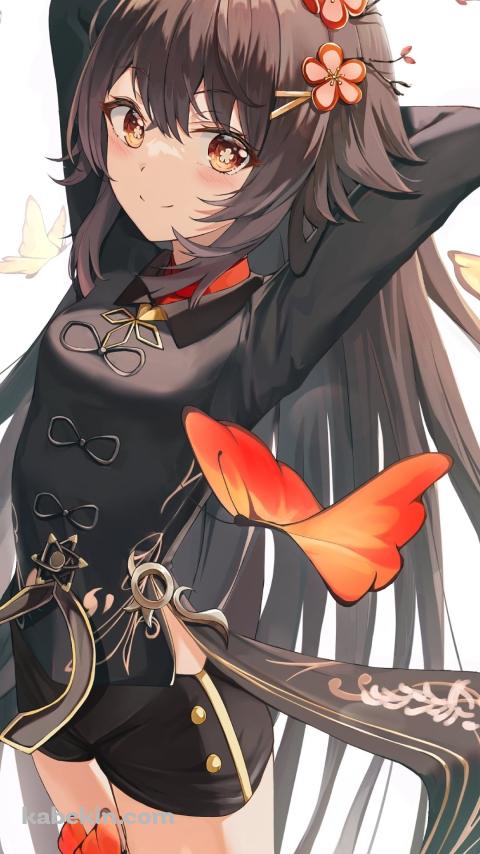 オレンジの蝶を眺める胡桃 / 原神のAndroidの壁紙(480px x 854px) スマホ用