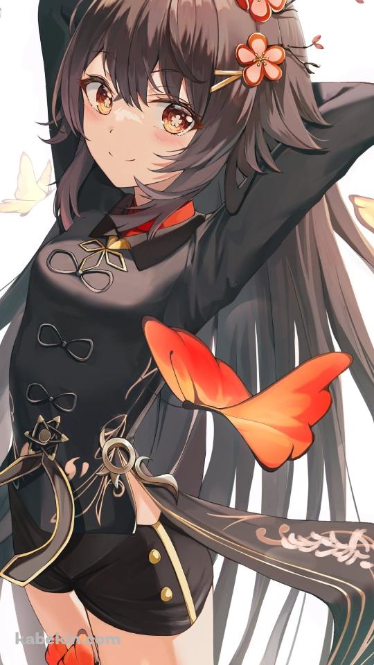 オレンジの蝶を眺める胡桃 / 原神のAndroidの壁紙(540px x 960px) スマホ用
